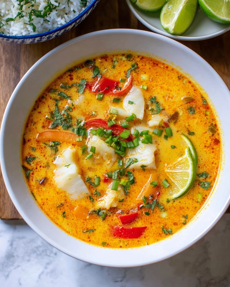 A white bowl filled with creamy orange soup showing a rich texture and slight oil separation on top, chunks of white fish pieces scattered around the bowl, with visible slices of red and yellow bell peppers in the soup. There are small green onion rings and fresh chopped green herbs sprinkled on top. Two lime wedges rest in the upper right part of the bowl. The bowl is placed on a white marbled surface with partial views of a white bowl of rice with green herbs on the left and a small white bowl with lime wedges on the upper right. Photo taken with an iphone --ar 4:5 --v 7