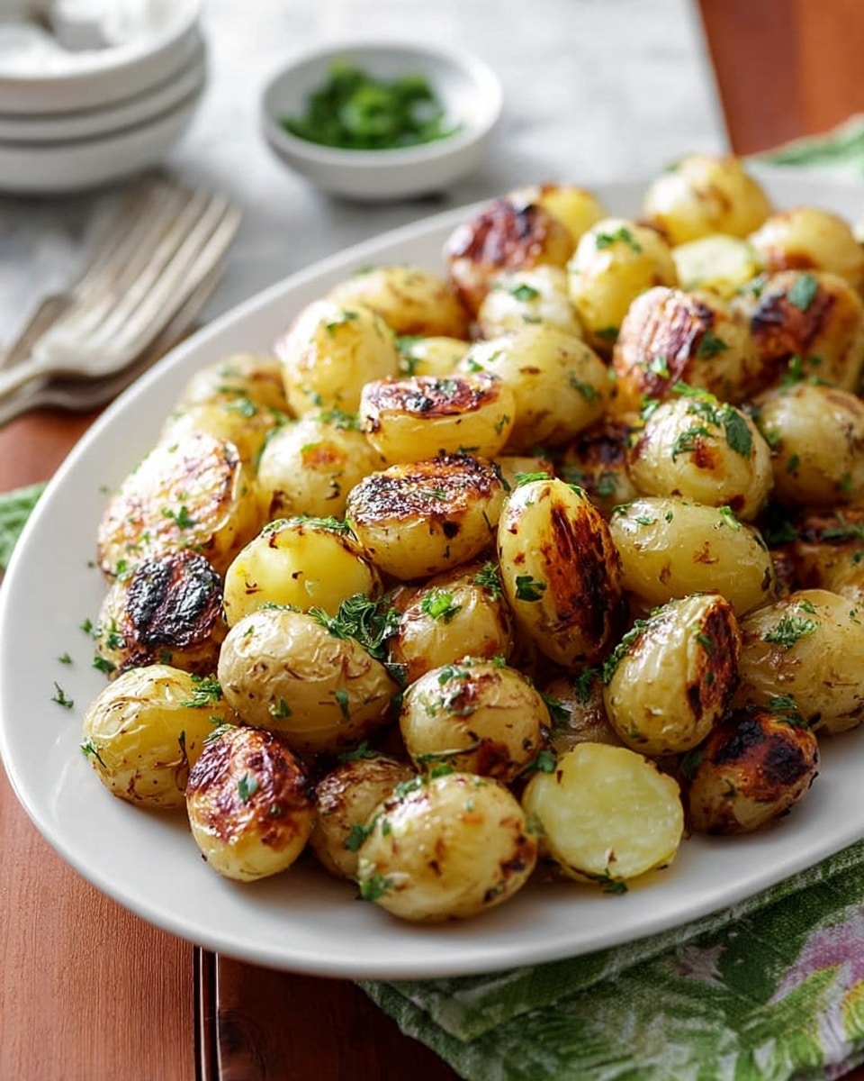 A baking tray lined with light brown parchment paper holds many small roasted baby potatoes cut in halves. Each potato half shows a golden-yellow inner flesh with a slightly crispy outer skin, speckled with black pepper and herbs. The potatoes appear well roasted, with some parts showing a light brown crust and a few reddish seasoning spots. The tray is placed on a surface with a white marbled texture, and the photo is taken at a slight angle to capture the depth and texture of the potatoes. photo taken with an iphone --ar 4:5 --v 7
