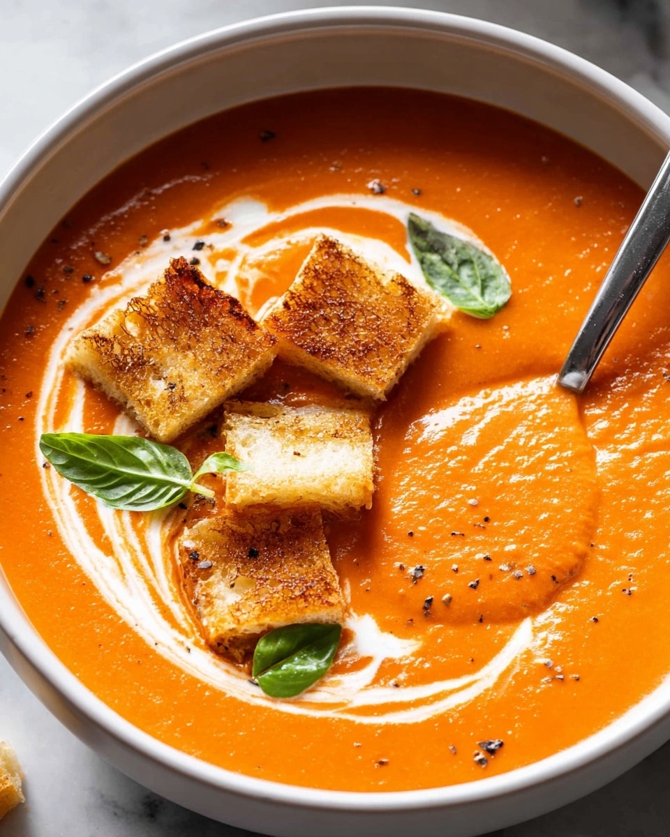 A close-up view of a white pot filled with smooth, thick tomato soup that is bright orange-red in color. The soup has a few tiny black pepper specks scattered on the surface, adding small dark spots to the rich, creamy orange layer. A metal ladle with a curved handle is partially submerged on the right side, holding some of the soup and showing its glossy, velvety texture. The pot sits on a white marbled surface with a blurred green basil leaf near the top edge and a striped black-and-white cloth in the upper left corner. photo taken with an iphone --ar 4:5 --v 7