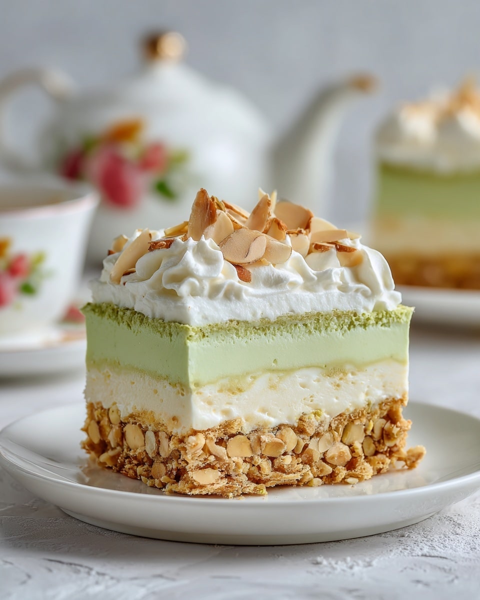 A slice of pistachio lush dessert sits on a white plate over a white marbled texture, showing four layers: a crunchy nut-filled base with beige and brown bits, a thick creamy white second layer, a smooth pale green pistachio layer in the middle, and a fluffy white whipped cream top. Light brown toasted almond slices are scattered on the whipped cream. In the blurred background, there is another slice on a white plate and a white teapot with fruit design. Photo taken with an iphone --ar 4:5 --v 7