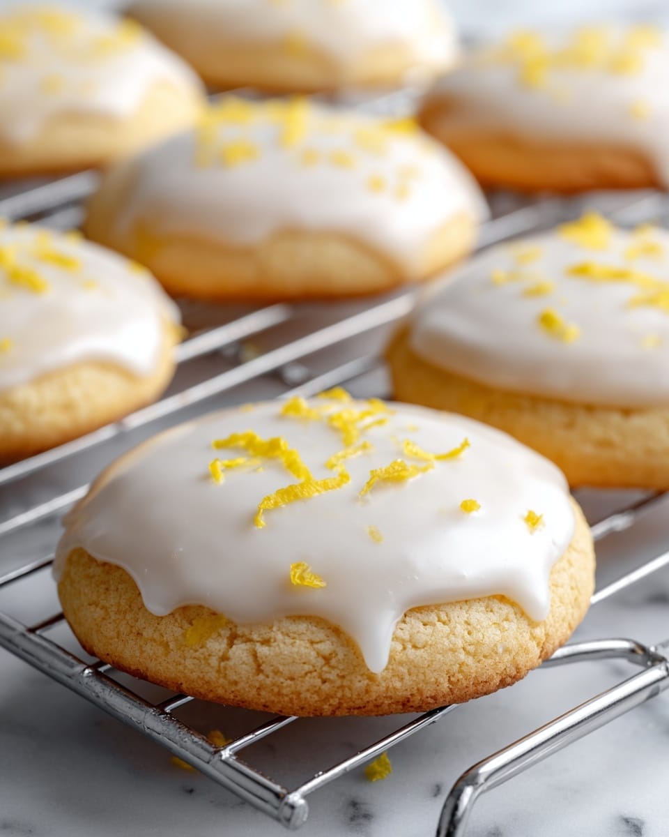 The image shows round soft cookies with a smooth white icing layer on top, slightly dripping over the edges. Each cookie has a light beige base with a shiny, smooth white glaze that covers the entire top surface. Small yellow lemon zest pieces are scattered gently on top of the icing, adding a bright contrast. The cookies are placed on a silver cooling rack set against a white marbled texture. The focus is on the front cookie, with several other cookies slightly blurred in the background. photo taken with an iphone --ar 4:5 --v 7