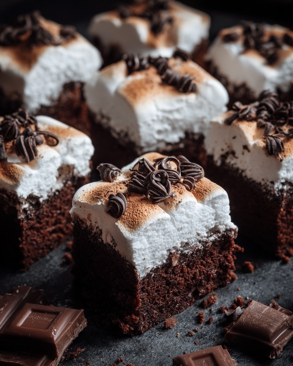 The image shows several square chocolate cakes cut into pieces, each with two layers: a thick, moist, dark brown chocolate cake base and a thick, fluffy white marshmallow layer on top. The marshmallow layer is toasted light brown with some darker spots and decorated with small, curly chocolate shavings or curls placed on the top surface. The cakes are arranged closely on a dark surface, with a few pieces of broken milk chocolate scattered around. One cake piece has a small bite taken out of the corner, showing the texture inside. photo taken with an iphone --ar 4:5 --v 7