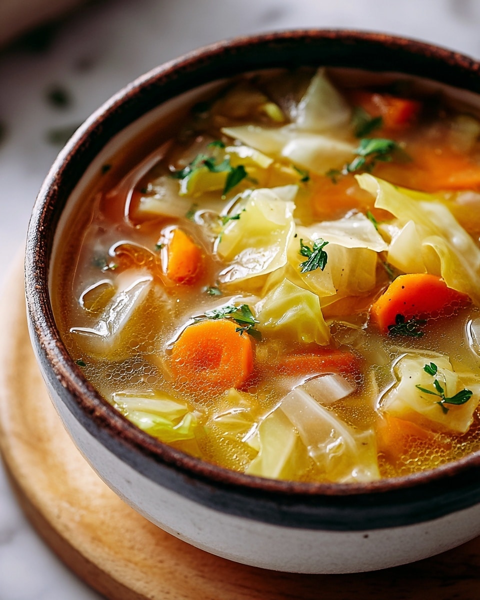 A close-up image of a bowl of vegetable soup served in a white bowl with a dark rustic rim, placed on a light wooden board on a white marbled surface. The soup has three visible layers: the bottom layer is a clear, golden broth with tiny shimmer reflections; the middle layer consists of diced translucent onions and bright orange carrot slices; the top layer features chunky, soft-looking pale green cabbage pieces with small dark green parsley leaves scattered on top, some resting on the vegetables. Photo taken with an iphone --ar 4:5 --v 7