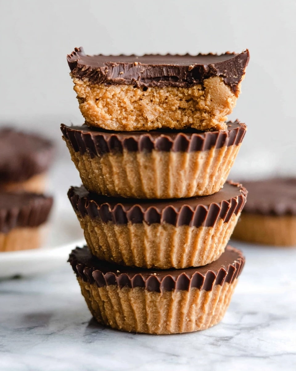 A stack of three peanut butter cups with detailed layers is shown. Each cup has a thick, crunchy light brown base that looks crumbly and dense, topped by a smooth, dark brown chocolate layer with a slightly shiny finish. The edges of the chocolate layer are ridged and scalloped, following the shape of the white paper cup liners that hold each peanut butter cup. Some cups are sprinkled with small white flakes on top. The background is a white marbled texture, soft and out of focus, making the stack the main focus of the image. photo taken with an iphone --ar 4:5 --v 7