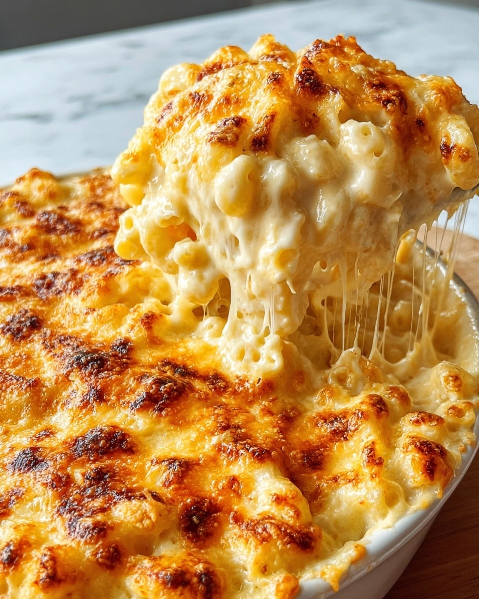 A close-up of a creamy mac and cheese being lifted out of a white dish, showing thick layers of gooey, golden-brown melted cheese on top with bubbly, slightly browned spots; beneath that is a thick, creamy white cheese sauce coating tender elbow macaroni that stretches with melted cheese strings as a scoop is pulled up. The mac and cheese is rich and well-baked, with textured browned cheese crust on the surface and soft pasta underneath, all set on a white marbled surface. photo taken with an iphone --ar 4:5 --v 7