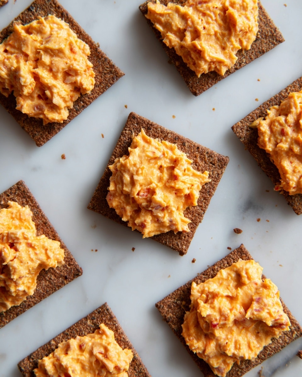 The image shows a round wire cooling rack holding fifteen small square-shaped dark brown pieces of bread or cake, each topped with a chunky mix of orange and brown spread that contains visible bits of vegetables or spices. The pieces are spread evenly on the rack, and the rough texture of the topping contrasts with the smooth, dense-looking dark base. The surface beneath is a white marbled texture, adding brightness to the scene. photo taken with an iphone --ar 4:5 --v 7