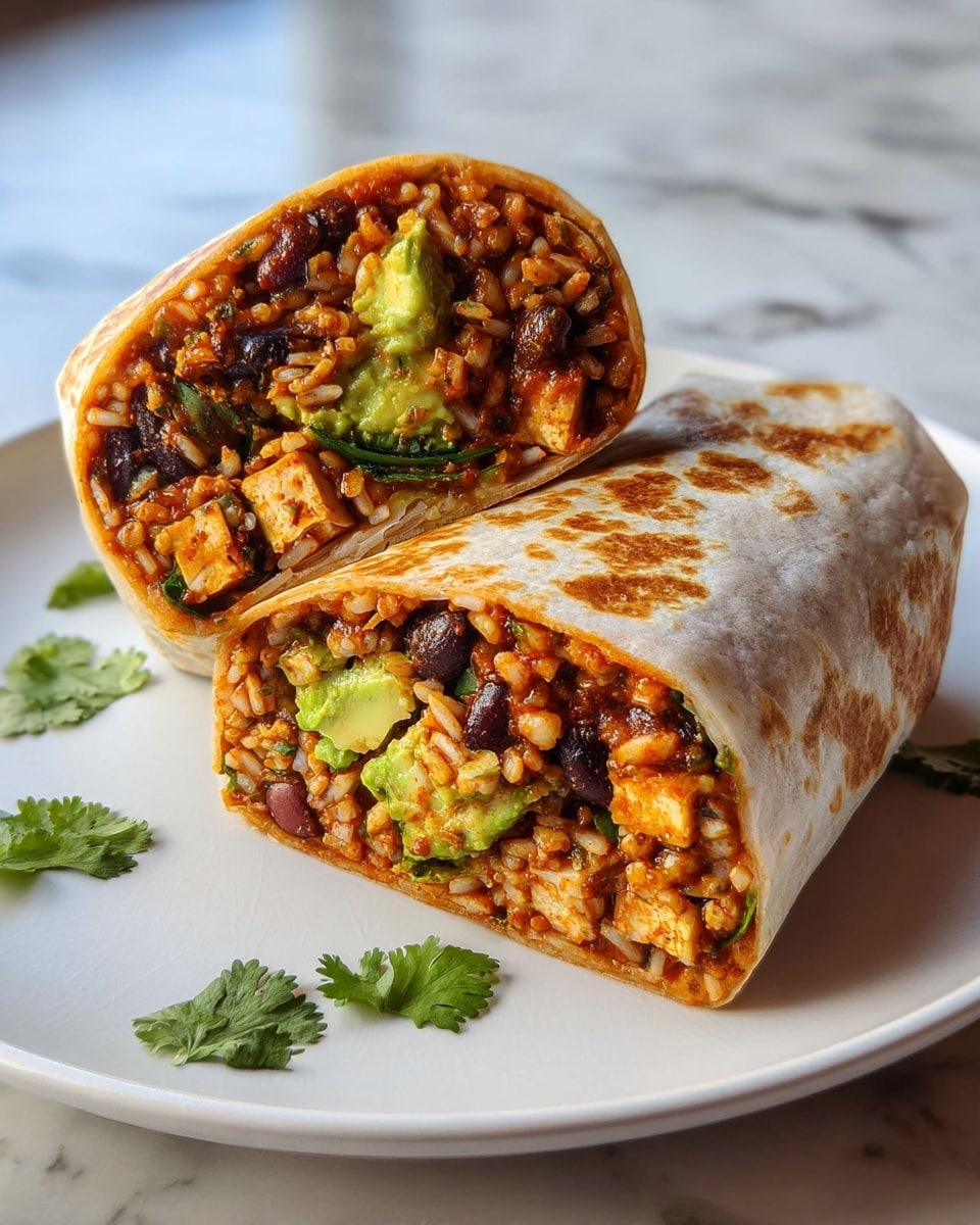 The image shows a burrito cut in half and placed on a white plate with scattered green cilantro leaves. Each half reveals multiple layers inside: the outer layer is a warm, lightly toasted tortilla with golden-brown spots, followed by a thick inner mix of white rice, black beans, diced tofu, and green avocado slices. The filling is mixed with a reddish-brown sauce, giving it a juicy texture, and small bits of green herbs are visible throughout. The burrito halves lean against each other on a white marbled surface. photo taken with an iphone --ar 4:5 --v 7