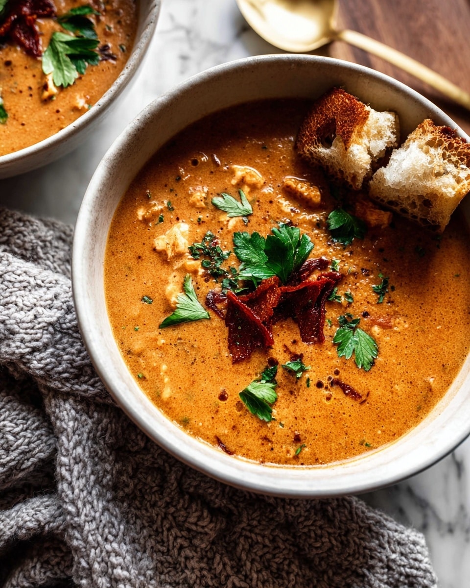 A white ceramic bowl filled with creamy orange-brown soup that has a thick texture with visible pieces of ingredients. On top, there are three small dark red strips and fresh green parsley leaves in the center. Small chunks of toasted bread with a golden-brown crust sit on one side of the bowl. The bowl rests on a white marbled surface with a soft gray knitted cloth partially visible near the bowl. A gold spoon lays next to the bowl on the surface. photo taken with an iphone --ar 4:5 --v 7