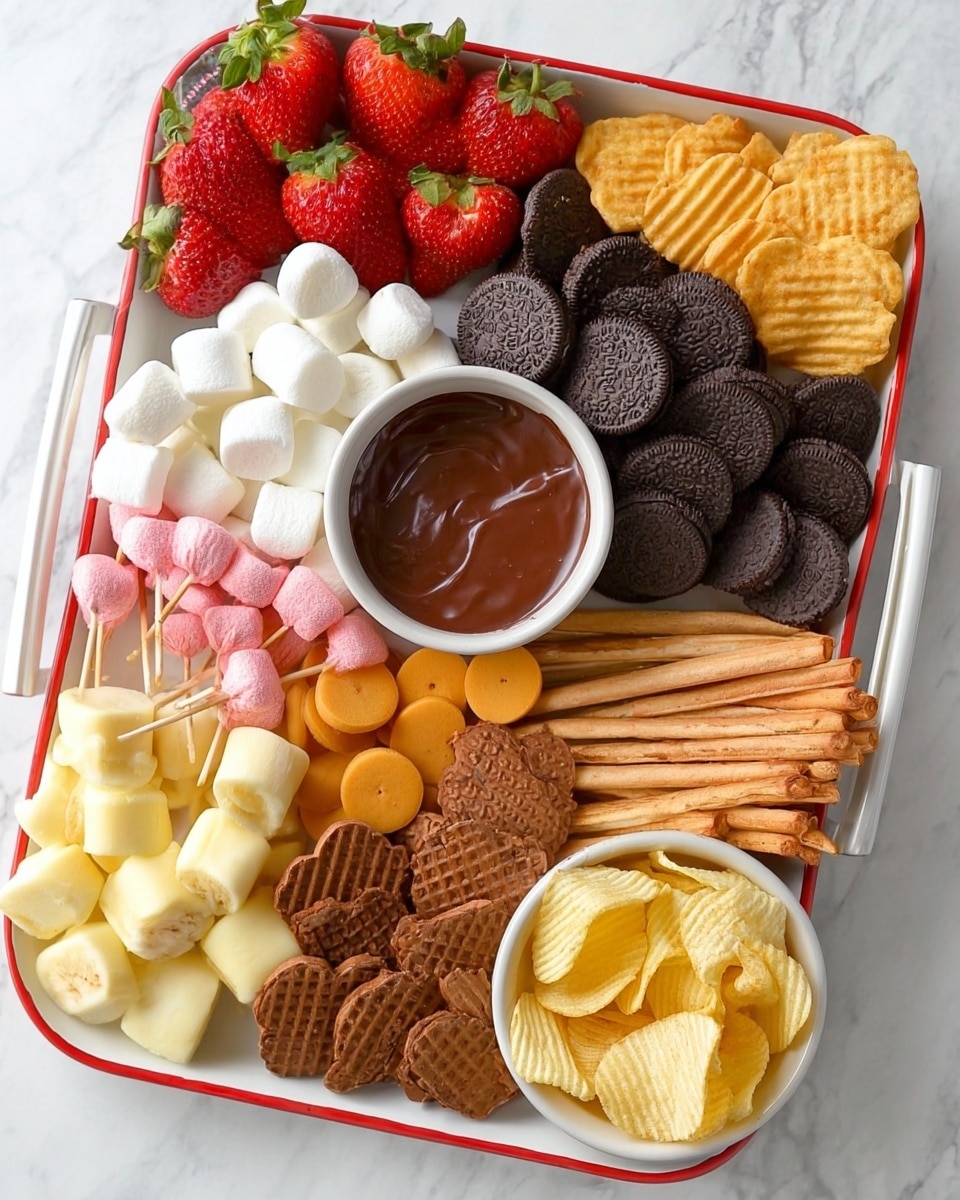 A white rectangular tray with red edges holds a colorful, layered snack spread, sitting on a white marbled surface. At the top center is a small white bowl filled with thick, dark brown chocolate sauce. Surrounding the bowl are neat piles of dark chocolate sandwich cookies, small round orange vanilla wafer cookies, and pinkish-red licorice twists. To the left, there are fresh red strawberries with green leaves, white marshmallows on skewers, and light yellow cake cubes forming a center mound. Below these are heart-shaped brown waffle cookies, round banana slices stacked in the center, and light brown biscotti sticks near the bottom. On the right side, a separate small white bowl holds golden wavy potato chips. photo taken with an iphone --ar 4:5 --v 7