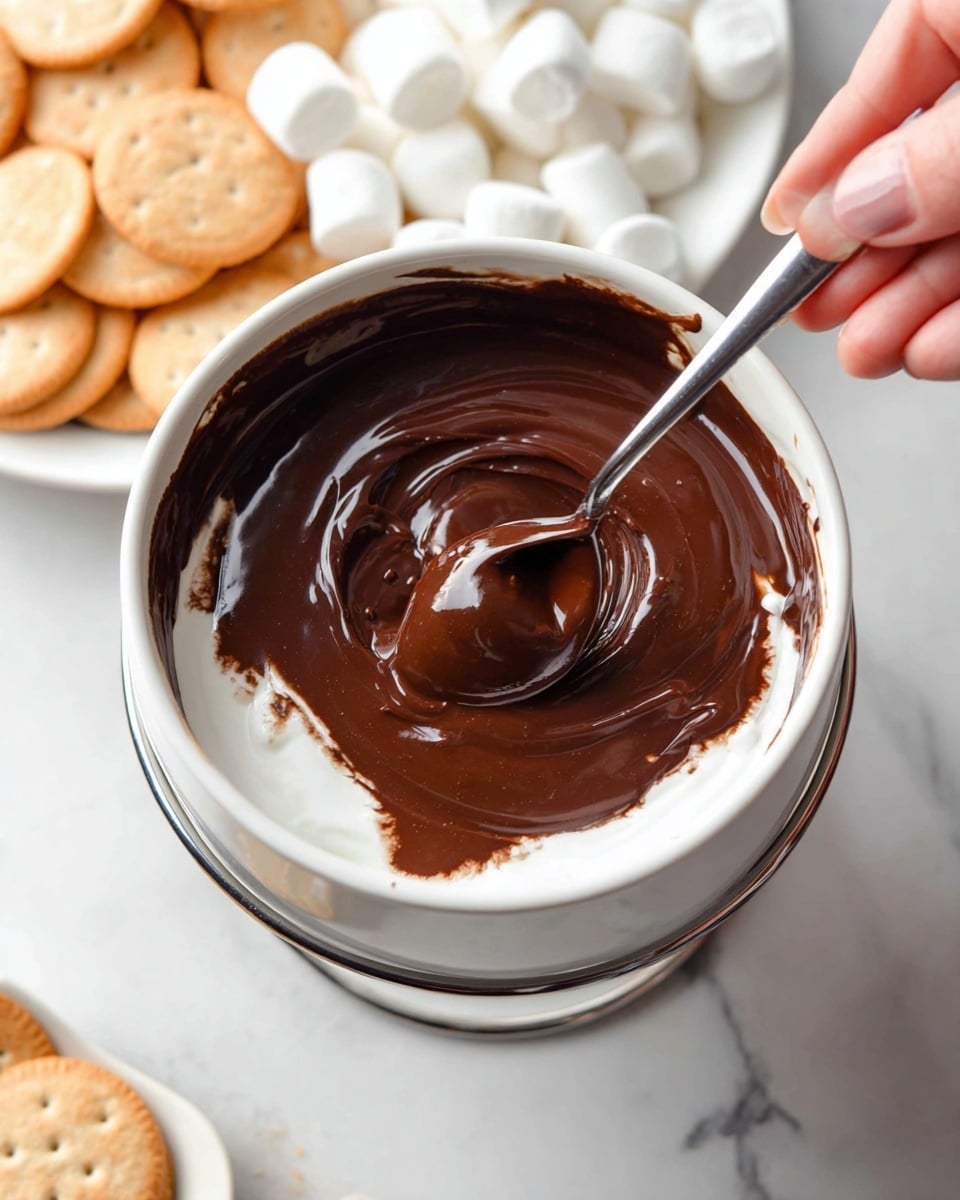 A white bowl filled with smooth, thick chocolate sauce swirling on top of white cream, held by a metal stand. A silver spoon, held by a woman's hand, is stirring the chocolate and cream mixture in the center, showing a glossy texture and dark brown color mixing with the bright white cream. Around the bowl, there are white marshmallows and light brown cookies on a white marbled surface. Photo taken with an iphone --ar 4:5 --v 7