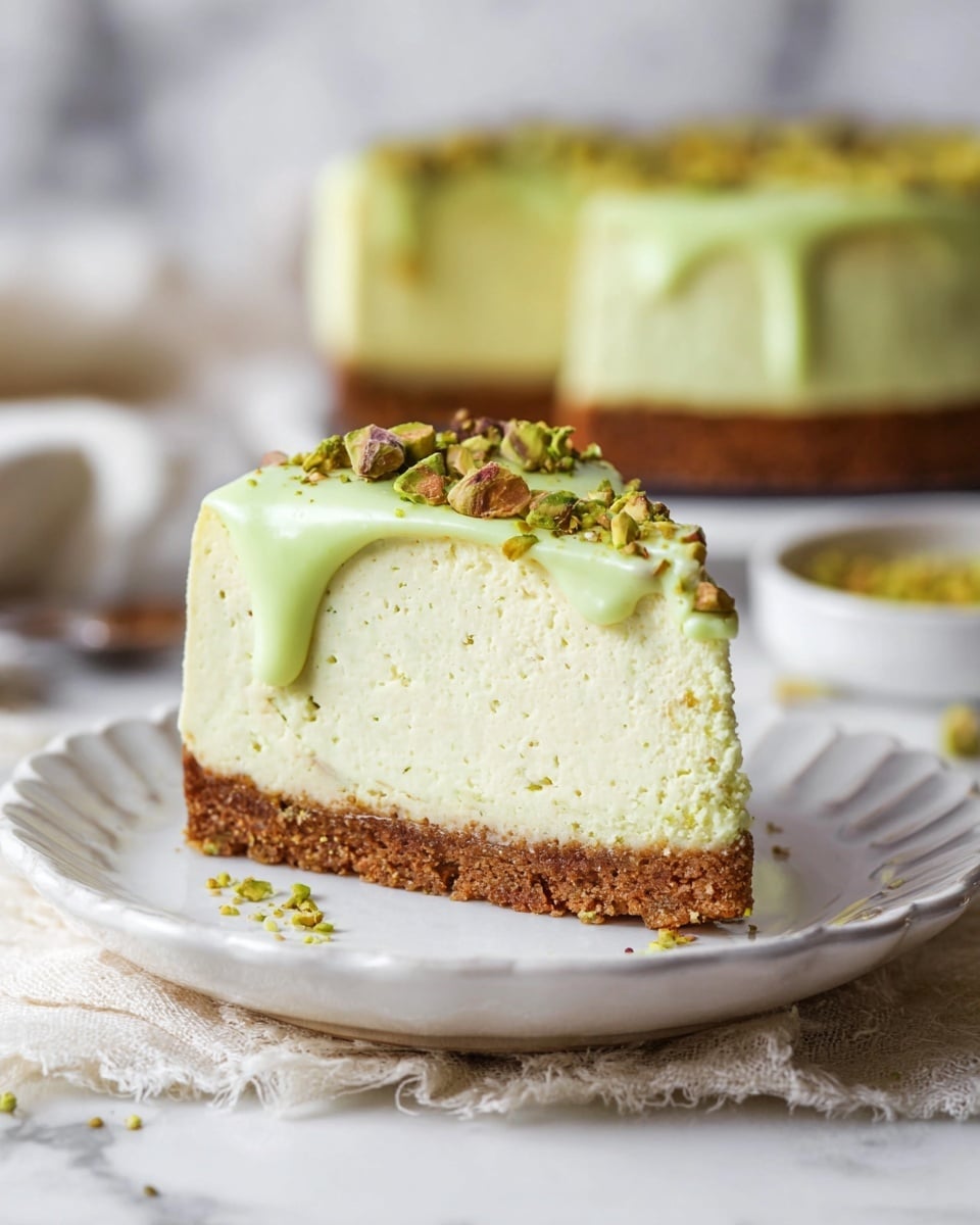 A slice of three-layer pistachio cheesecake sits on a white plate with a scalloped edge, placed on a white marbled surface with a textured cloth beneath. The bottom layer is a dense, crumbly brown crust. The thick middle layer is creamy, pale green cheesecake filling with a smooth yet slightly textured surface. The top layer is a lighter green pistachio cream topping, glossy and thick, slightly dripping on the side, sprinkled with small pieces of crushed pistachios. The background shows a blurred whole cheesecake and a bowl of pistachio pieces. photo taken with an iphone --ar 4:5 --v 7