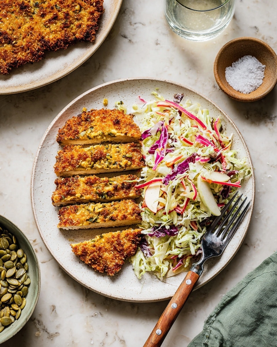 The image shows a white plate with two main layers: on the left side, a golden-brown breaded cutlet sliced into five pieces with a crispy, textured surface and hints of green herbs; on the right side, a creamy coleslaw made up of shredded green cabbage, thin slices of red apple, and purple cabbage, giving it a mix of white, green, red, and purple colors with a creamy texture. Next to the plate, there is a fork with a wooden handle resting on the side, and the plate sits on a white marbled surface, surrounded by small bowls of pumpkin seeds and salt, and a glass of water nearby. Photo taken with an iphone --ar 4:5 --v 7