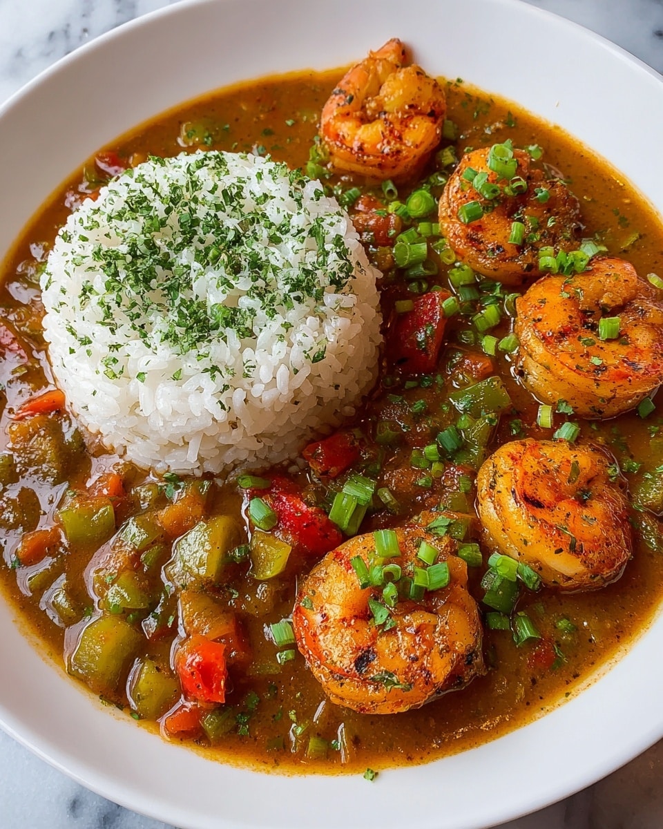 The dish shows a white plate filled with a rich, brownish-orange shrimp gumbo with visible chunks of green celery and red bell peppers mixed throughout the sauce. On the left side of the plate, there is a neat mound of fluffy white rice topped with finely chopped green onions and sprinkled with dried green herbs. Surrounding the rice on the right side are several plump, golden-orange shrimp with a slight char, also garnished with green herbs and small pieces of green onion scattered over the top. The colors contrast well with the white plate and the dish sits on a white marbled surface. photo taken with an iphone --ar 4:5 --v 7