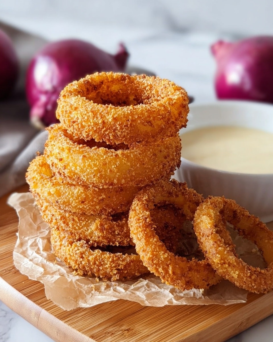 A stack of six golden brown, crispy onion rings with a coarse crunchy coating is placed on crumpled translucent parchment paper on a light wooden board. Behind the onion rings is a smooth, off-white dipping sauce in a white bowl, and two whole purple onions blurred in the background. The scene is set on a white marbled surface. photo taken with an iphone --ar 4:5 --v 7