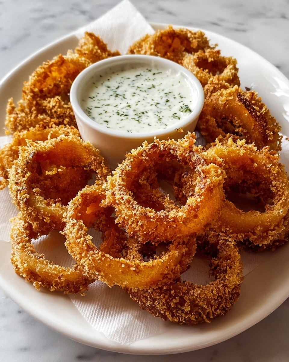 A white plate holds a pile of golden-brown onion rings, each with a crispy, crunchy texture and rough, uneven breading. The rings vary in size and are stacked loosely, overlapping each other. A small white bowl on the side contains thick, creamy ranch sauce speckled with green herbs. The plate sits on a white marbled surface with a piece of white paper underneath the onion rings, partially visible around the edges. photo taken with an iphone --ar 4:5 --v 7