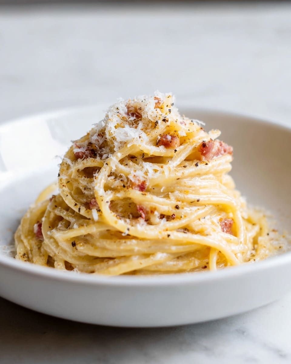 A close-up of creamy spaghetti pasta mixed with small bits of browned bacon in a silver pot. The spaghetti is light yellow with smooth, creamy sauce coating each strand, and scattered pieces of pinkish-brown bacon throughout. Silver tongs are lifting a portion of the pasta, showing the texture and twisting strands. The pot has a metallic surface and is placed on a white marbled texture. photo taken with an iphone --ar 4:5 --v 7