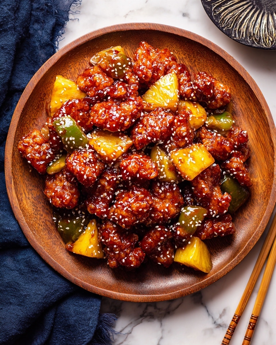 This image shows a wooden plate filled with pieces of glossy, deep reddish-brown fried chicken coated in a sticky sauce. Mixed in are chunks of light yellow pineapple and green bell peppers, both slightly shiny. The chicken pieces have a rough, crispy texture beneath the sauce and are sprinkled lightly with white sesame seeds. The plate sits on a white marbled surface, with a pair of wooden chopsticks resting beside it and a dark blue cloth in the background. photo taken with an iphone --ar 4:5 --v 7