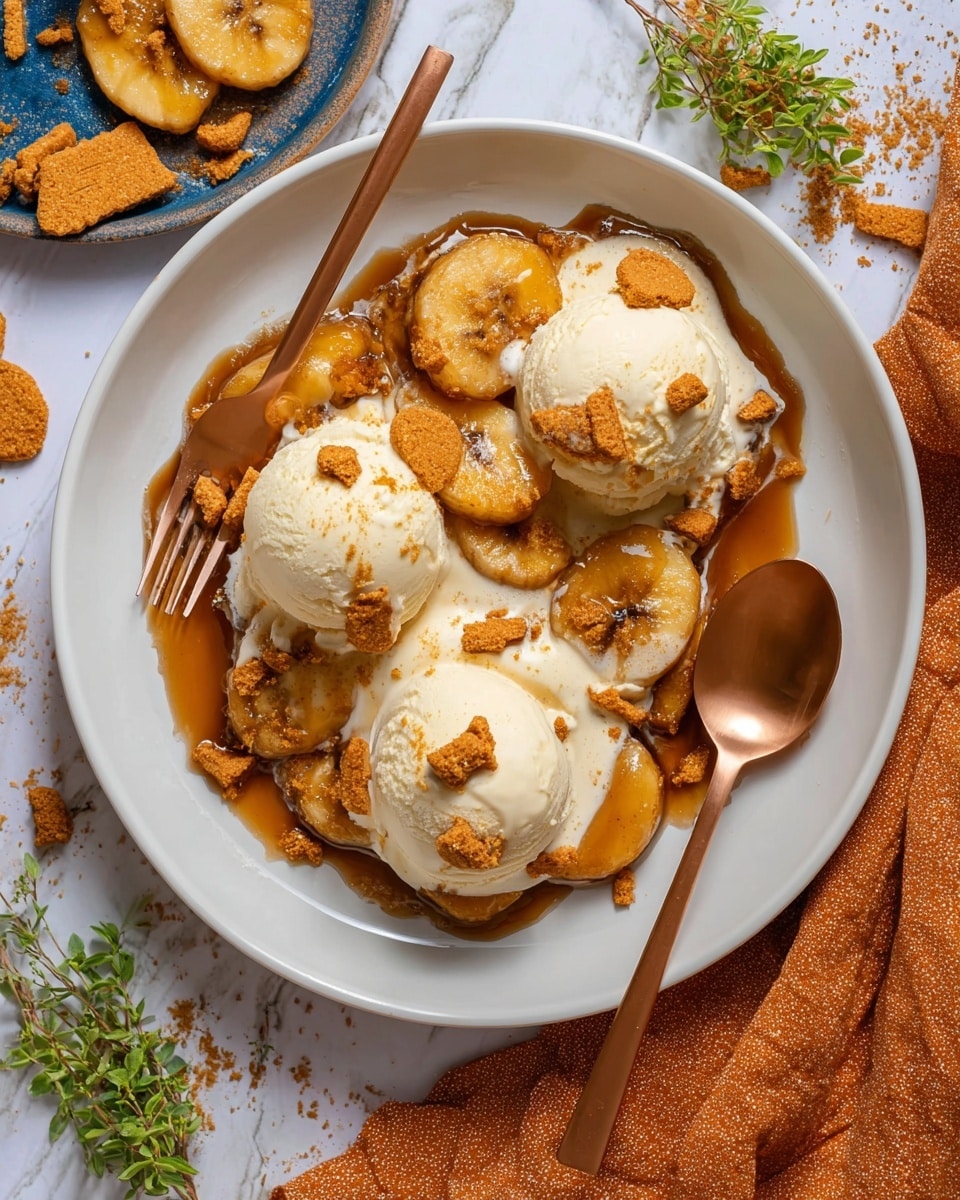 The dish is served on a white curved plate with a layer of caramelized banana slices coated in a shiny brown sauce at the base. On top of the bananas are two scoops of creamy vanilla ice cream, slightly melting and mixing with the sauce below. Scattered over the ice cream and bananas are broken pieces of orange-brown cookies adding a rough texture contrast. A rose gold fork rests on the left edge of the plate and a matching spoon lies on the right side, both positioned on a white marbled surface with hints of a burnt orange cloth and green herb leaves nearby. Photo taken with an iphone --ar 4:5 --v 7