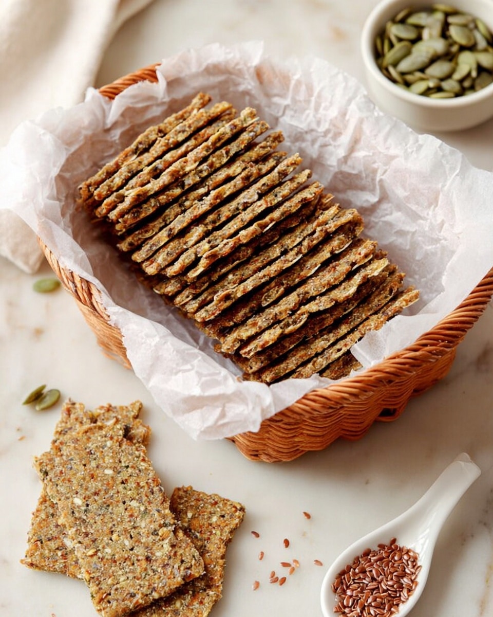 A tall stack of thin, square crackers with a rough texture and visible seeds like pumpkin and flax, layered evenly on top of each other, showing a light brown color with green and dark seed details. The stack sits on a white marbled surface with a few loose pumpkin seeds scattered nearby. In the blurred background, there is a white bowl and some more crackers, adding depth to the image. The lighting is soft and natural, highlighting the crispness and seed-studded texture of the crackers. photo taken with an iphone --ar 4:5 --v 7