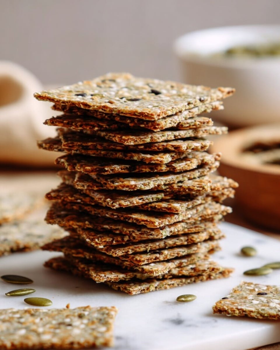 A light brown wicker basket lined with crumpled white parchment paper is filled with two neat rows of thin, rectangular multigrain crackers stacked side by side. The crackers have a rough texture with visible seeds and grains in shades of brown, green, and beige. On a white marbled surface next to the basket, there is a small white spoon filled with tiny reddish-brown flaxseeds and a white bowl containing green pumpkin seeds, some spilled nearby. Two cracker pieces rest flat on the surface below the basket, showing a close-up of their grainy texture. photo taken with an iphone --ar 4:5 --v 7
