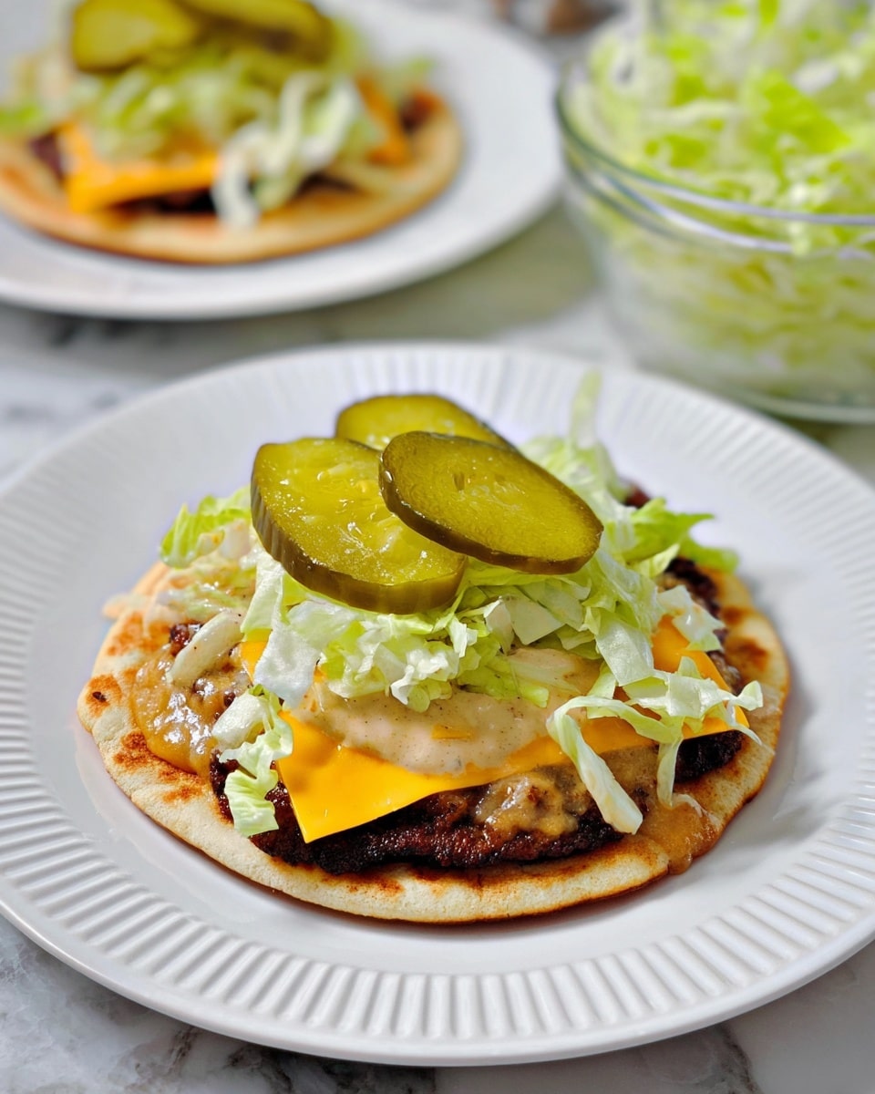 A small sandwich sits on a white plate with ridged edges, placed on a white marbled surface. The sandwich has a bottom layer of a golden brown flatbread, topped with a dark grilled meat patty. On top of the patty is a bright orange slice of melted cheddar cheese, followed by a bit of light green shredded lettuce. A light beige sauce is drizzled over the lettuce, and the top layer includes two thick, shiny green pickle slices. In the background, there is a clear glass bowl filled with shredded lettuce and another sandwich with similar layers partially visible. Photo taken with an iphone --ar 4:5 --v 7