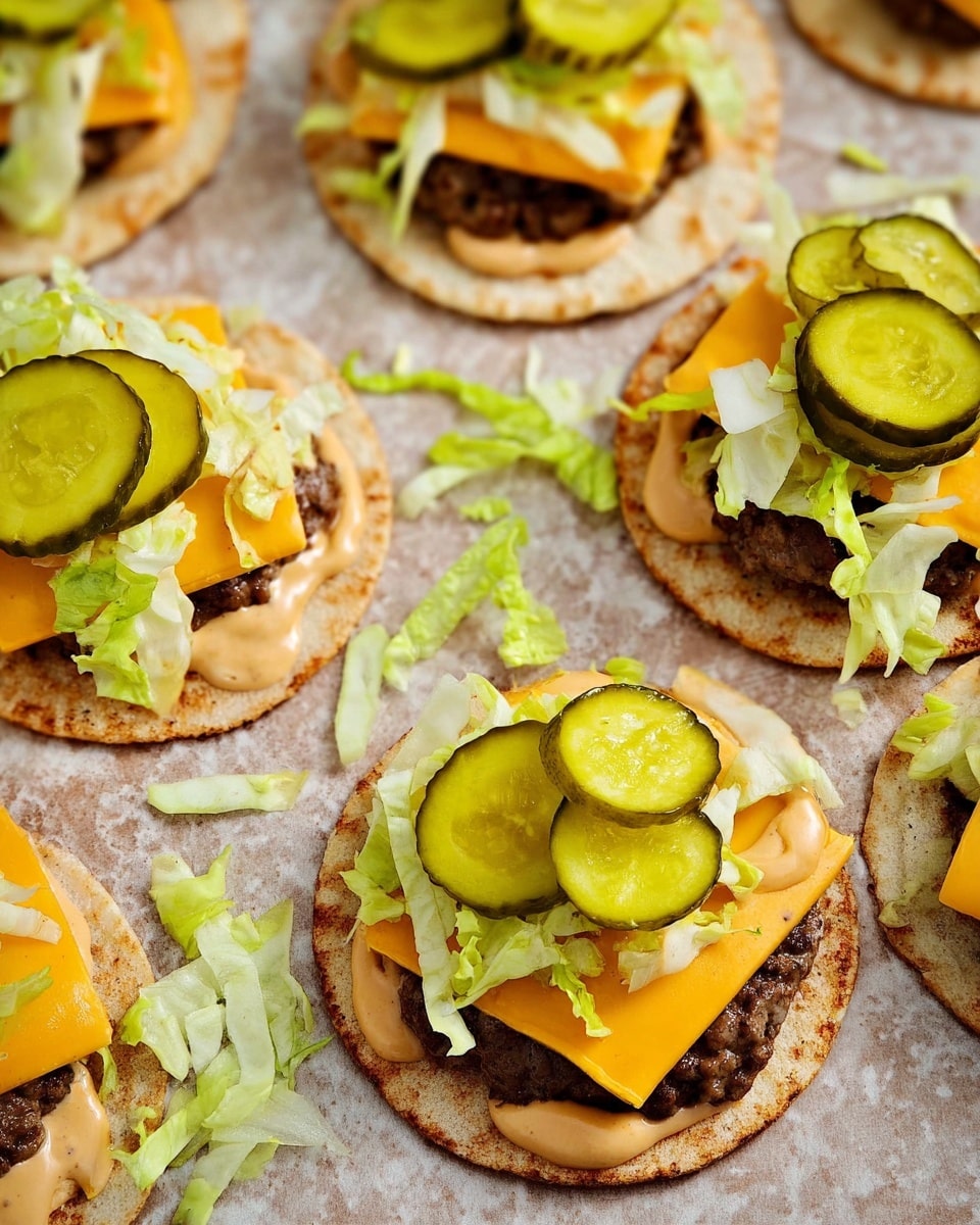 The image shows several mini burgers made on small round flatbreads. Each burger has a browned beef patty as the first layer on the flatbread. On top of the patty is a square slice of bright orange melted cheese. Next is a layer of light green shredded lettuce and a dollop of light brown sauce with a creamy texture. The burgers are finished with two thick, round slices of green pickles placed on top. Two additional pickle slices lie on the brown surface around the burgers. The background is a white marbled texture, with a bit of lettuce and sauce scattered on the surface. photo taken with an iphone --ar 4:5 --v 7