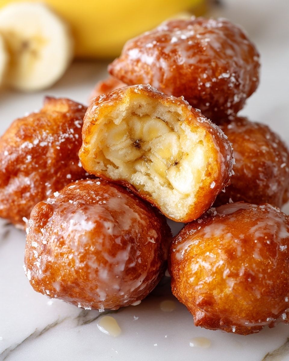 The image shows several golden brown banana fritters covered with a thin, shiny layer of sugar glaze. One fritter is cut open in the center, revealing a soft, fluffy inside with small bits of banana embedded within the light yellow dough. The fritters have a round but irregular shape with a slightly crispy outer crust. In the background, soft yellow banana slices are slightly out of focus. Everything is placed on a white marbled surface. photo taken with an iphone --ar 4:5 --v 7
