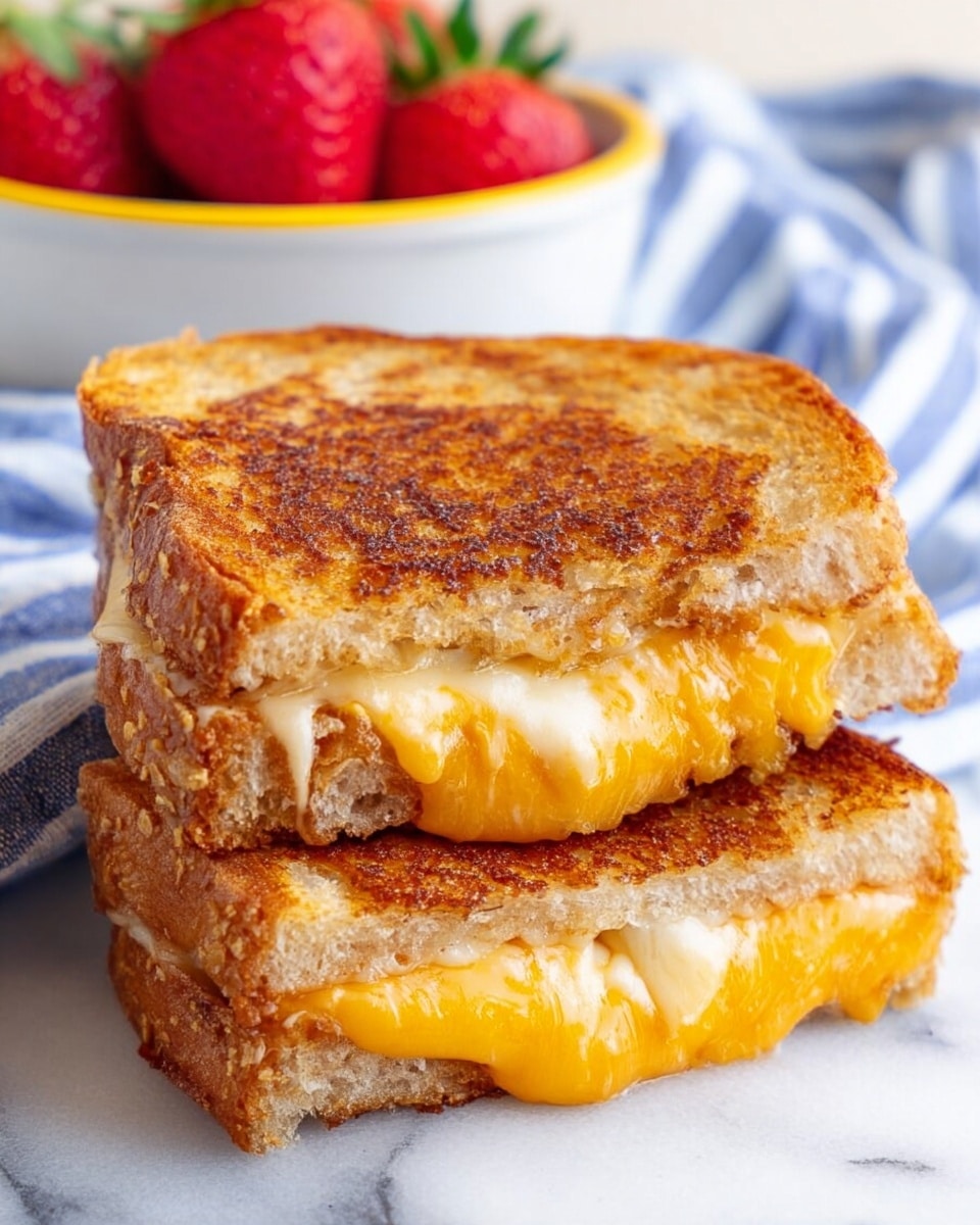 Two grilled cheese sandwiches are stacked on a white marbled surface. Each sandwich has two golden brown, crispy slices of bread with a crunchy texture, showing slight bubbles and darker toasted spots. Between the bread slices, there are two layers of melted cheese—one is a bright orange cheddar, and the other is a creamy white cheese that is oozing out slightly along the edges, creating a gooey and stretchy look. In the background, there is a white bowl with yellow rim filled with fresh red strawberries, and a blue and white striped cloth is partially visible. Photo taken with an iphone --ar 4:5 --v 7