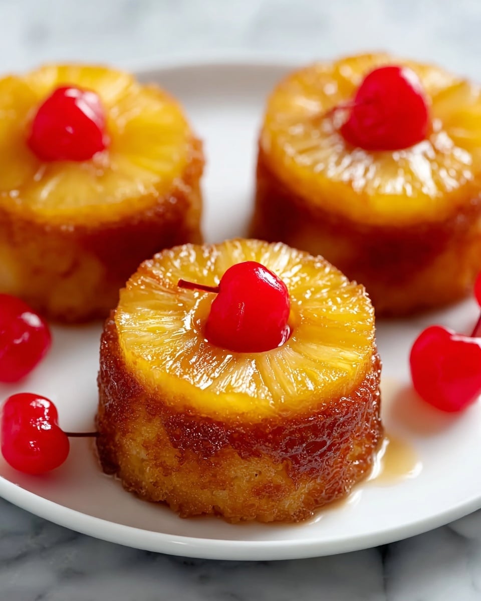 The image shows three small upside-down cakes on a white plate, each cake having two layers. The bottom layer is golden brown with a caramelized texture, slightly rough and glossy. The top layer is a circular, yellow pineapple slice with a translucent, shiny glaze, and a bright red cherry placed in the center of each pineapple ring. Extra glossy cherries are scattered around the cakes on the plate. The background surface is a white marbled texture. photo taken with an iphone --ar 4:5 --v 7