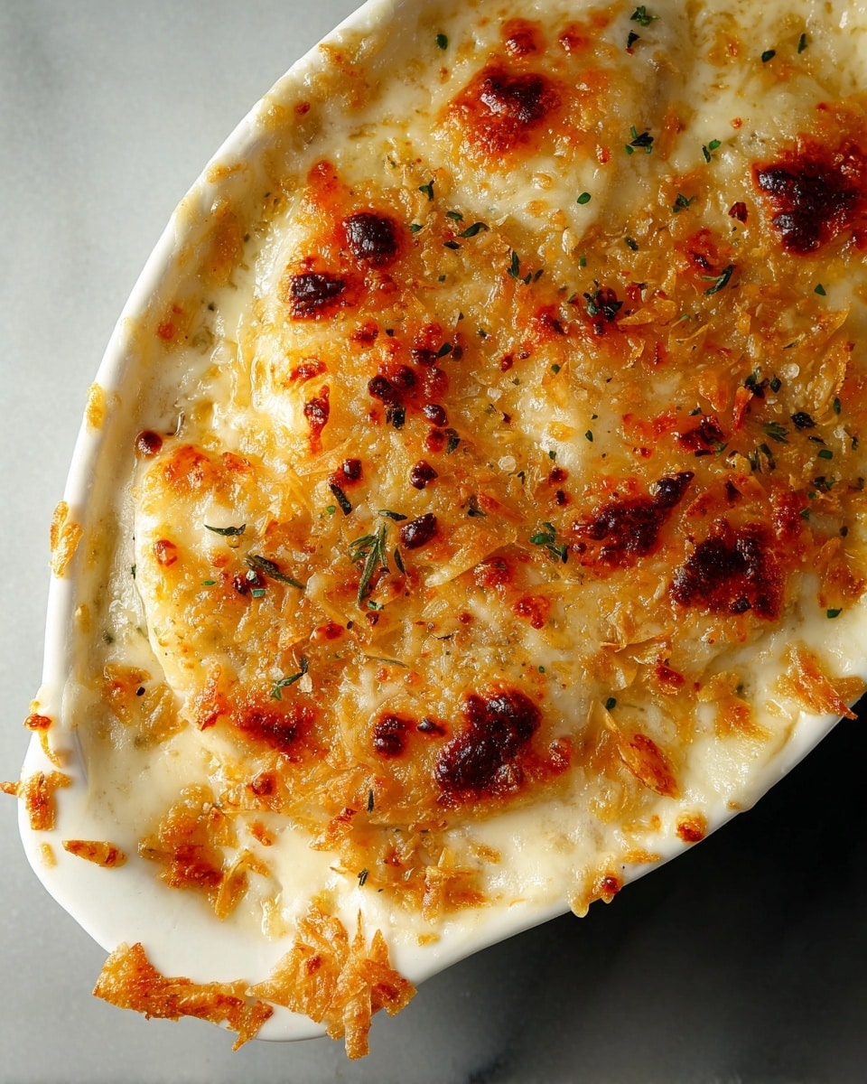A rustic white ceramic dish filled with a creamy baked gratin featuring a golden-brown crust of melted cheese and crispy potato flakes sprinkled with small bits of herbs. The top layer is bubbling with brown spots and crunchy textures, while the creamy white sauce beneath peeks through the edges, showing a smooth and luscious consistency. The dish is set on a white marbled surface, with the gratin slightly overflowing on one side, adding an inviting homemade feel. Photo taken with an iphone --ar 4:5 --v 7