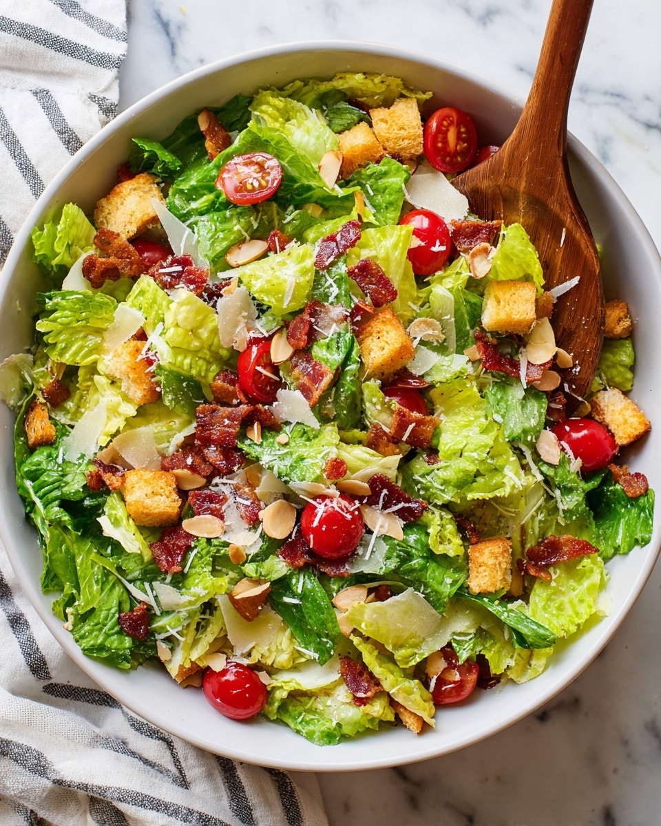 A large white bowl sits on a white marbled surface, filled with layers of fresh salad ingredients. The base layer is green leafy lettuce spread evenly around the bowl. On top, sliced red cherry tomatoes are grouped on one side. Next to the tomatoes, there is a pile of pale, slivered almonds. Beside the almonds is a white shredded cheese layer, and next to it, another section of shredded mozzarella cheese. Crispy brown bacon bits cover part of the salad. A woman's hand pours a light, creamy dressing from a clear glass jar over the salad. In the background, a white bowl of golden croutons and a whole yellow lemon are visible. A wooden salad serving spoon rests in the bowl. Photo taken with an iphone --ar 4:5 --v 7