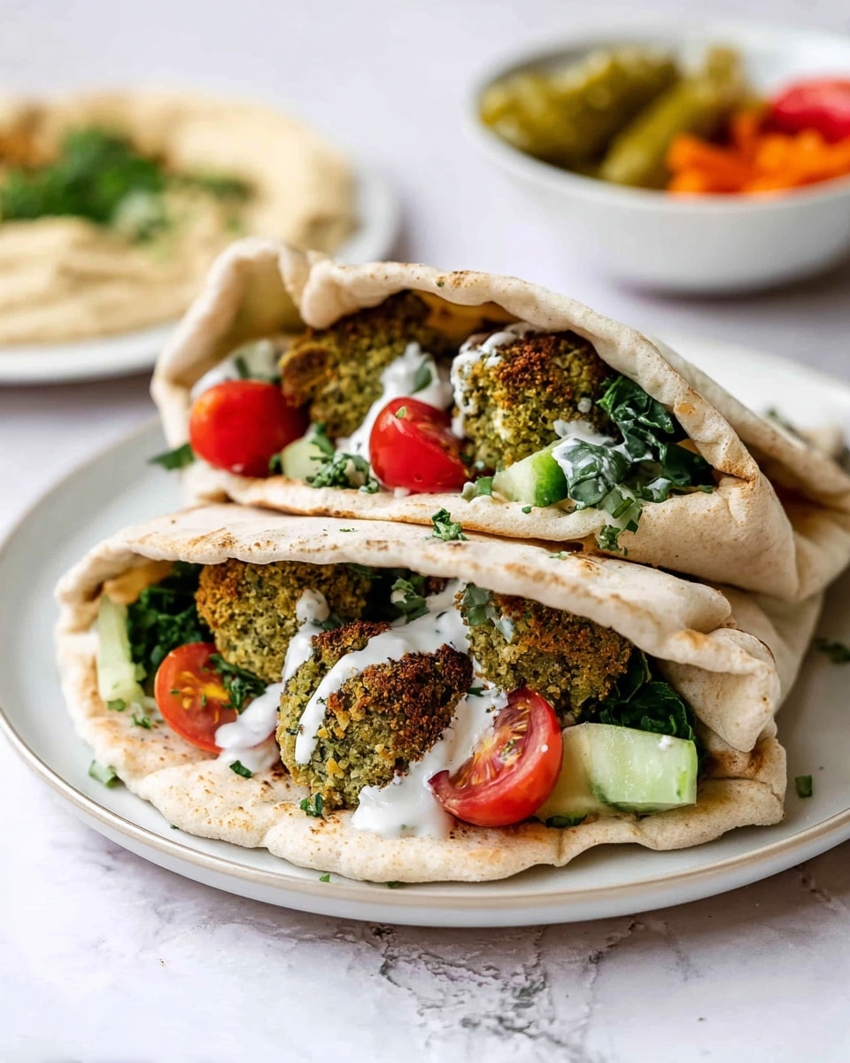 Two falafel wraps are placed on a stack of soft, light beige pita breads on a white plate sitting on a white marbled texture. Each wrap is open at the top, showing inside layers starting with green spinach leaves at the back, followed by round falafel pieces with a lightly crispy brownish-green crust and a soft green center. Bright red, halved cherry tomatoes and small green cucumber cubes add freshness throughout the wraps. White creamy sauce is drizzled over the falafel and vegetables, creating a contrast against the colors. In the blurry background, there is a white bowl with fresh chopped vegetables and a white plate with hummus and small green pickles. photo taken with an iphone --ar 4:5 --v 7