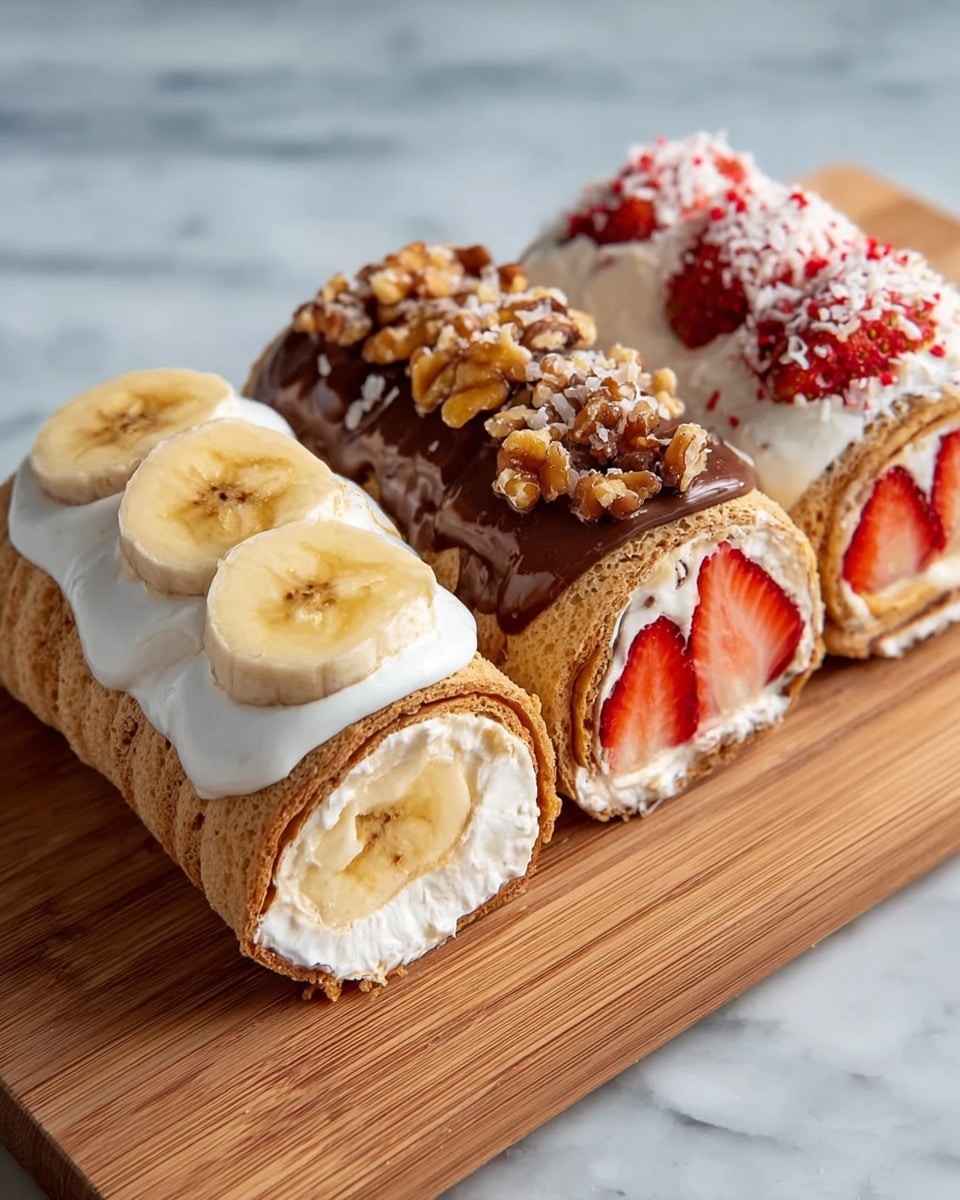 Three pieces of rolled dessert laid side by side on a wooden board with a white marbled surface underneath. Each roll has three layers: the outer layer is a soft, light brown pancake; the middle layer is thick white cream; and the inner layers show different fruit fillings—one with a whole banana slice, one with a banana slice covered in a chocolate coating topped with small walnut pieces, and the last one filled with sliced strawberries, topped with white coconut flakes and red crumbs. The rolls’ textures vary from smooth cream to chunky toppings, creating a colorful and fresh look. photo taken with an iphone --ar 4:5 --v 7