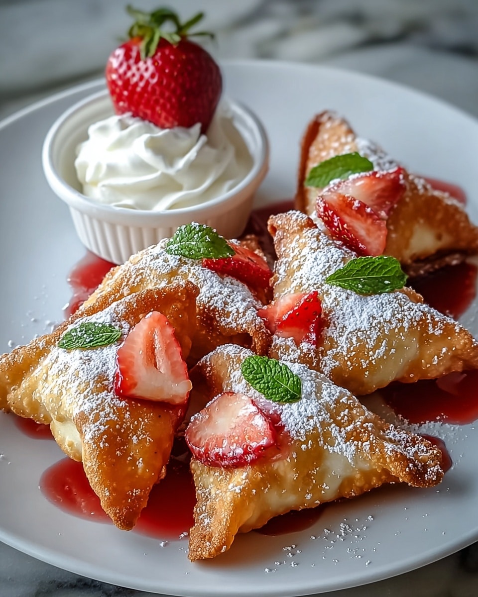 The image shows a white plate with six triangular, golden-brown fried pastries arranged in a loose circle. Each pastry is topped with a small dollop of white cream and a whole bright red strawberry with visible seeds, angled upright. There is a light dusting of powdered sugar spread over the pastries and plate. At the front of the plate, a splash of red strawberry sauce mixed with white cream adds a glossy and smooth texture. In the softly blurred background, two glasses filled with red liquid and one whole strawberry with green leaves on a white plate are visible, all set against a white marbled surface. photo taken with an iphone --ar 4:5 --v 7