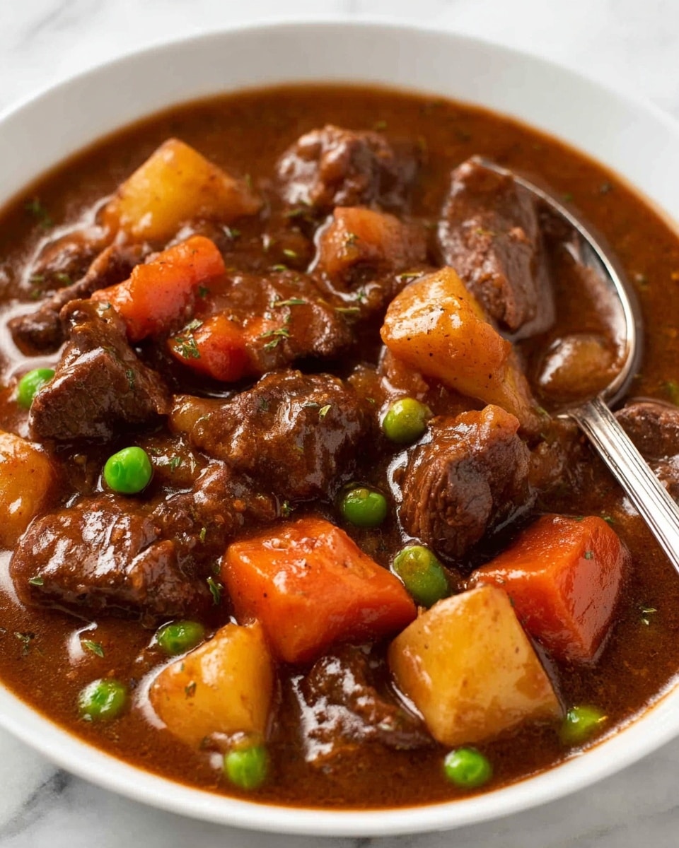 The image shows a thick brown beef stew with visible pieces of tender beef chunks, bright orange carrot cubes, and a few green peas. The stew has a rich, glossy texture with a smooth, slightly chunky sauce coating the ingredients. A metal spoon is scooping up the stew, filled with beef, carrots, and peas, held above the stew surface which also shows more scattered pieces of beef and vegetables. The background is a white marbled texture. photo taken with an iphone --ar 4:5 --v 7
