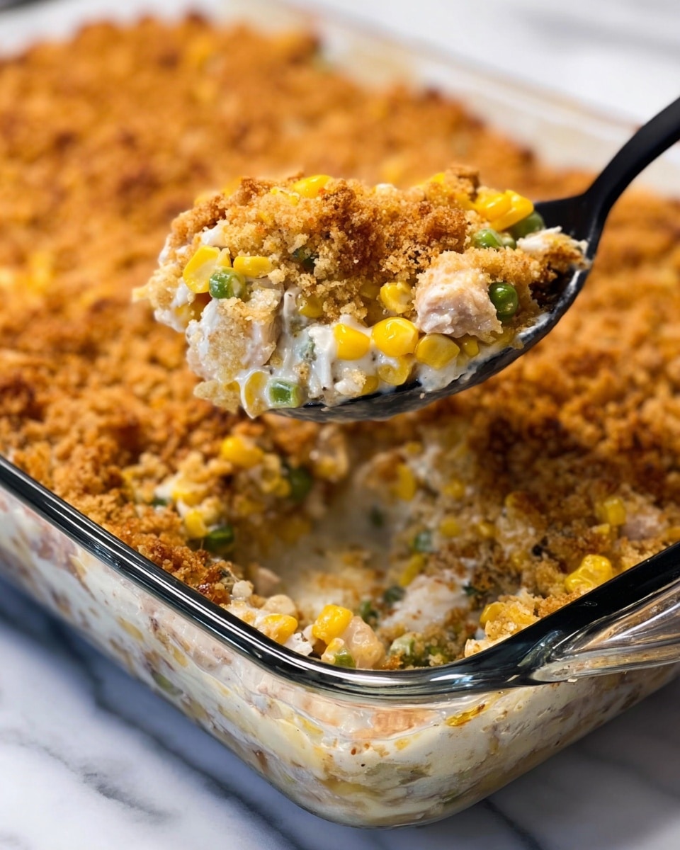 A clear glass baking dish filled with a creamy corn casserole topped with a golden brown, crispy crumb layer. The casserole has at least three visible layers: a creamy white base mixed with yellow corn kernels and green pieces, a middle layer of cooked chicken chunks, and a thick, crunchy, toasted breadcrumb topping in shades of light brown to dark brown. A black spoon is lifting a scoop of the casserole, showing the soft textured inside with creamy sauce, corn, chicken, and bits of the crunchy topping. The dish is placed on a white marbled surface. Photo taken with an iphone --ar 4:5 --v 7