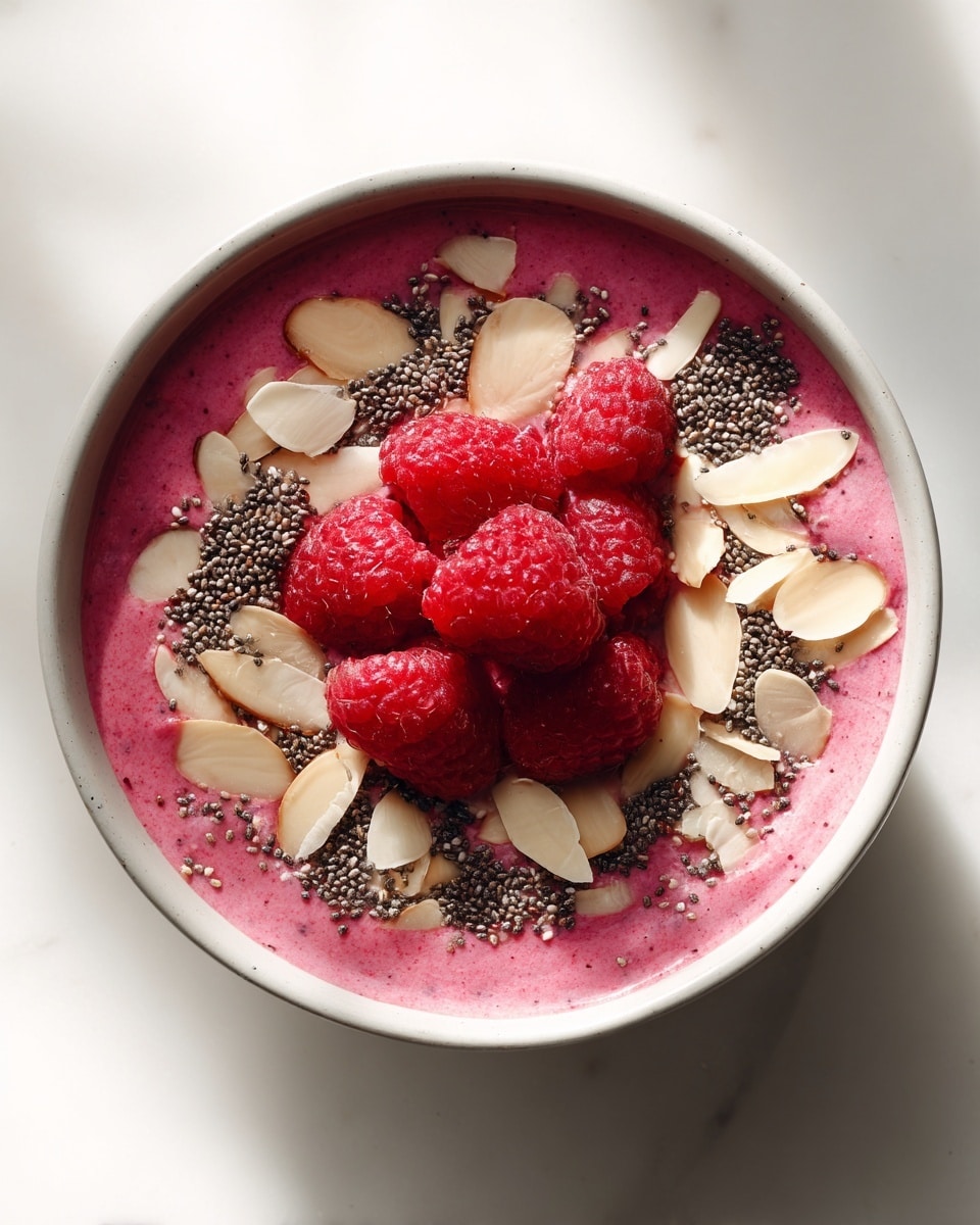 The image shows seven small dishes arranged neatly on a white marbled surface. The top left dish holds a dense layer of small, round, black and white chia seeds. To its right, a bowl is filled with bright red raspberries piled high, showing their bumpy texture. Below the seeds is a shallow bowl with a smooth golden yellow liquid, while next to it, a bowl contains a white creamy liquid. On the right side, a decorative bowl is filled with whole brown almonds with a hard texture. Below the raspberries, a bowl contains small cubed pieces of dark brown chocolate. In the center bottom, a small glass holds a dark amber syrup. Finally, at the bottom right, a glass bowl holds thin, light beige coconut flakes. photo taken with an iphone --ar 4:5 --v 7