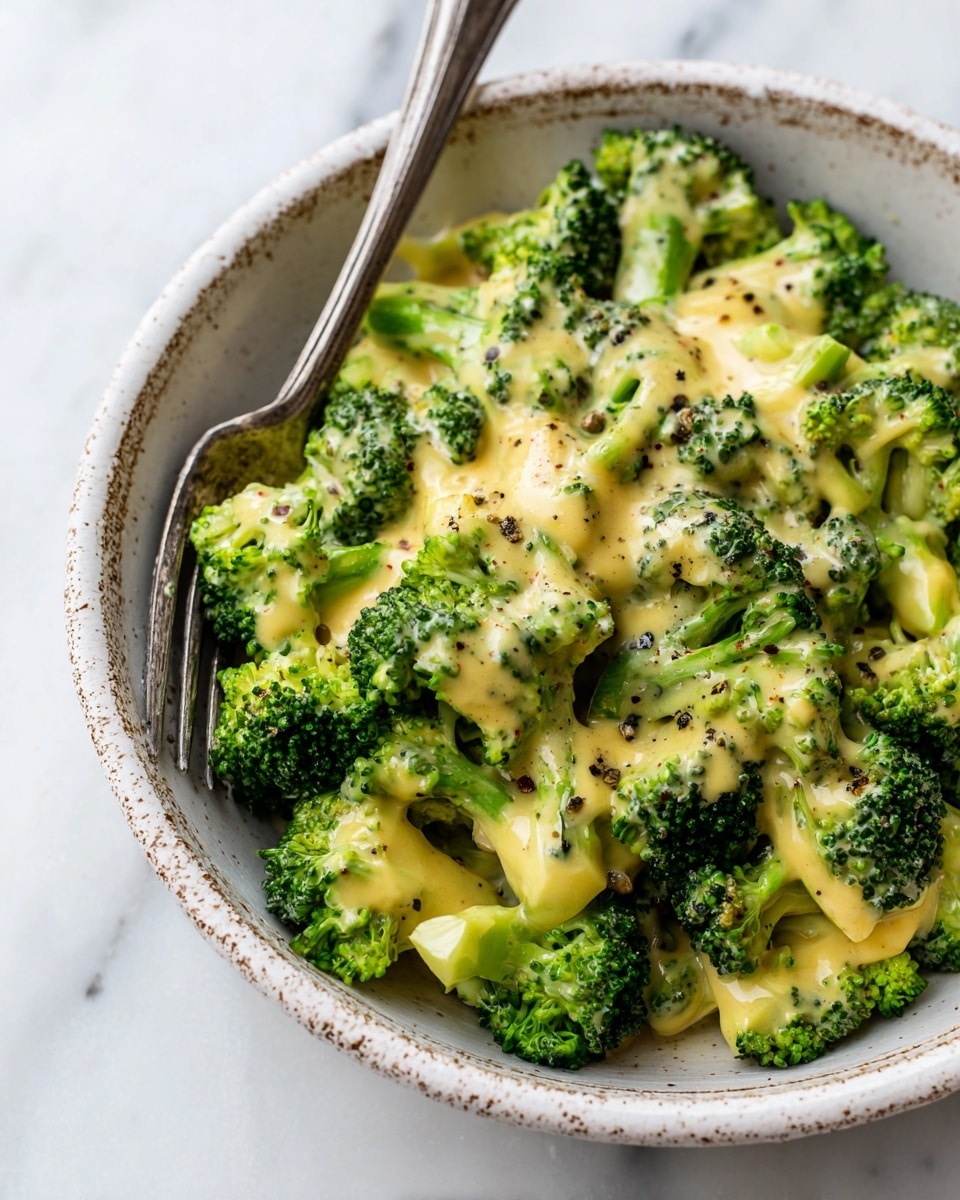 A close-up of a bowl filled with bright green broccoli florets covered in a creamy yellow cheese sauce, sprinkled with small black pepper pieces. The broccoli pieces have a fresh, slightly soft texture, and the cheese sauce clings smoothly to the broccoli, pooling lightly in the spaces. The bowl is white with brown specks, and there is a silver fork resting on the edge of the bowl. The bowl sits on a white marbled surface with subtle veining. photo taken with an iphone --ar 4:5 --v 7