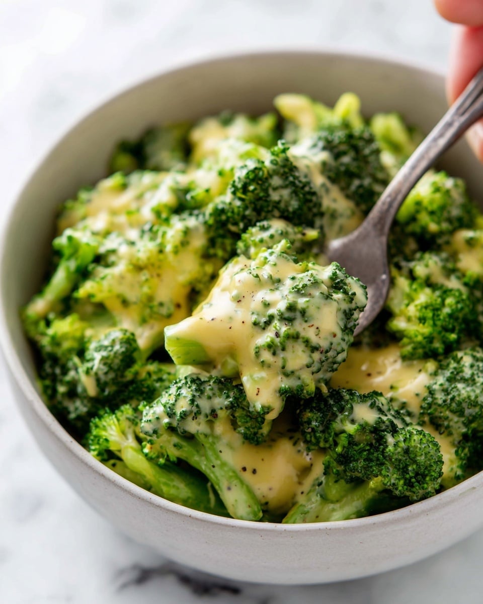 A close-up view of a white bowl filled with bright green broccoli florets covered in a creamy pale yellow cheese sauce. The broccoli pieces are large and fresh, with a slightly textured surface, and the sauce clings to each floret, pooling slightly at the bottom. A silver fork is partially visible, holding a piece of broccoli coated in sauce, with a woman's hand holding it from the side. The background is a white marbled texture, adding a clean and fresh feel to the image. photo taken with an iphone --ar 4:5 --v 7