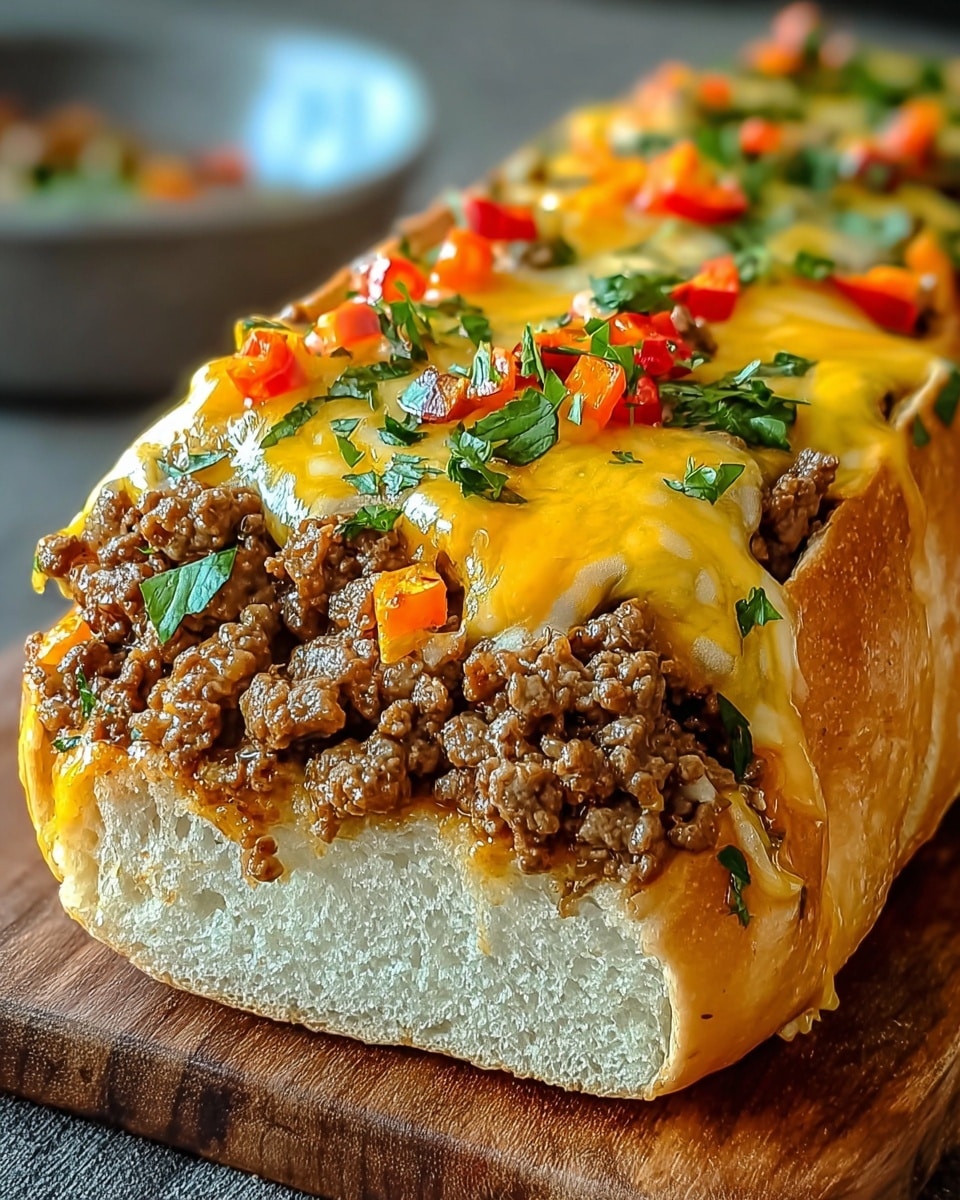 A close-up image of a sandwich made with a soft, light golden-brown hoagie roll as the base. The sandwich is filled with four visible layers: the bottom layer has small pieces of red and yellow bell peppers, above this is a thick layer of browned ground beef with a coarse texture, followed by a generous topping of melted creamy white cheese dripping slightly over the sides. The topmost layer has fresh green chopped herbs scattered evenly. The sandwich rests on a wooden board with a blurred background. Photo taken with an iphone --ar 4:5 --v 7