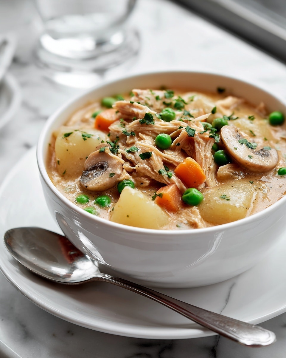 A close-up of a bowl filled with creamy chicken and vegetable stew. The dish has about three layers: the top layer shows green peas, small orange carrot cubes, and shredded chicken in a thick, light brown sauce with small green herb leaves sprinkled on top. Beneath, soft, golden potato pieces and sliced mushrooms are mixed in the creamy sauce. The bowl is white, placed on a matching white plate, with a shiny metal spoon resting beside them. The background features a white marbled surface with some blurred greens and a glass in the back. photo taken with an iphone --ar 4:5 --v 7