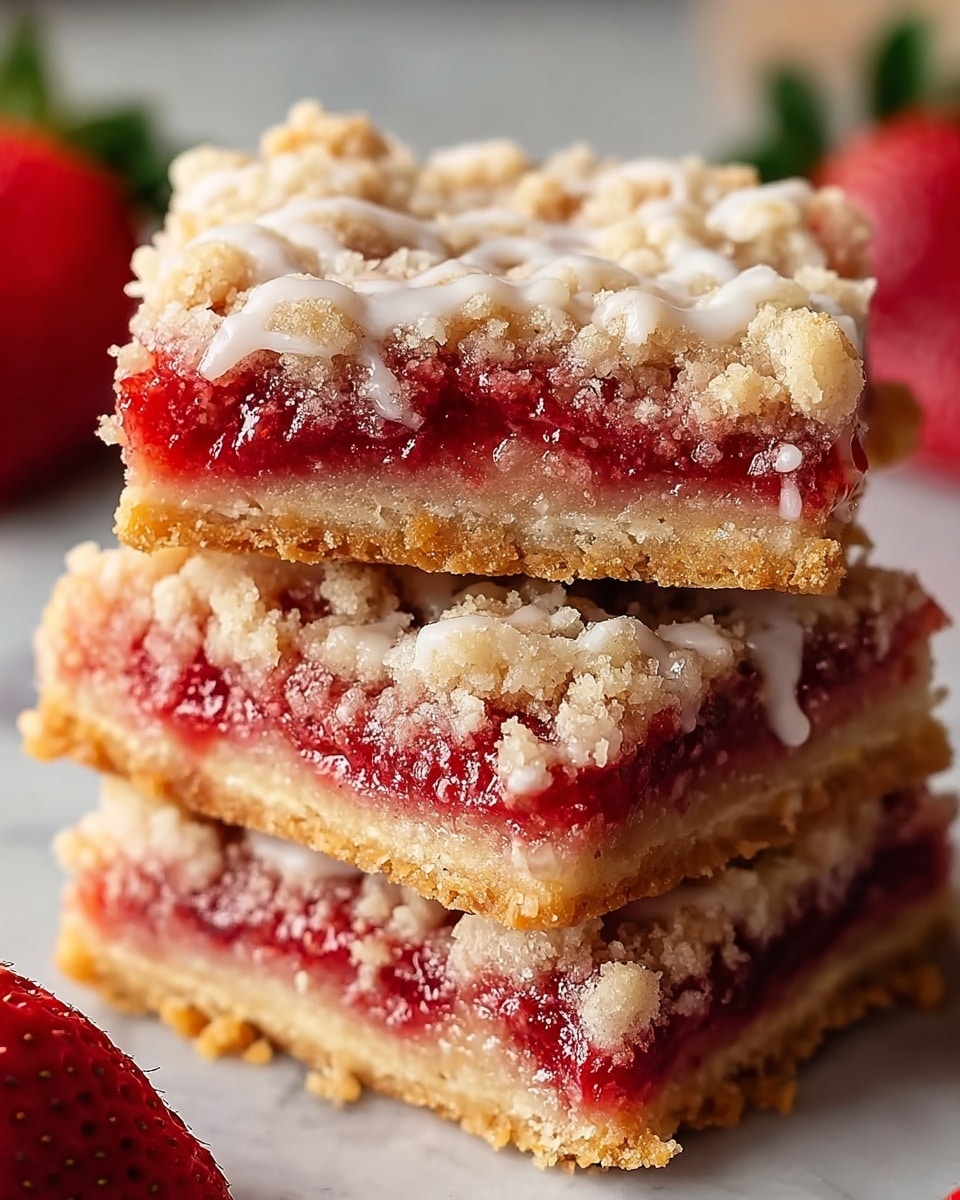 The image shows a close-up of three stacked strawberry crumble bars. Each bar has three clear layers: a golden-brown firm base, a thick middle layer of bright red, slightly glossy strawberry filling, and a crumbly pale beige topping with small chunks and a rough texture. Thin white glaze drips lightly over the edges of the bars, adding a shiny contrast. In the background, some fresh strawberries are faintly visible, all placed on a white marbled surface. photo taken with an iphone --ar 4:5 --v 7