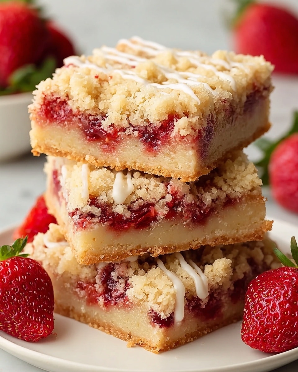 A stack of three square-shaped strawberry crumb bars is shown on a white plate, placed on a white marbled surface. Each bar has three visible layers: the bottom layer is a light golden brown crust, the middle layer is a pale creamy color with bright red strawberry chunks and jam, and the top layer is golden crumbly streusel with thin white icing drizzled over it. Fresh whole strawberries are placed around the bars, adding vibrant red color and texture to the scene. The photo taken with an iphone --ar 4:5 --v 7
