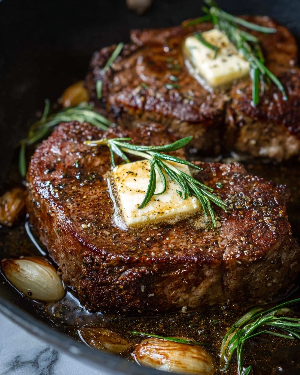 Two thick, juicy steaks sit in a pan, each topped with a melting square of golden butter and a small sprig of fresh green rosemary. The steaks have a dark brown, seared crust with visible textures of pepper and seasoning, showing a cooked surface with slight crispiness. Around the steaks, there are golden-brown roasted garlic cloves and rosemary sprigs adding depth. The pan holds a glossy layer of cooked juices and melted butter, enhancing the shine and richness of the meat. The whole scene is set against a background with a white marbled texture. photo taken with an iphone --ar 4:5 --v 7