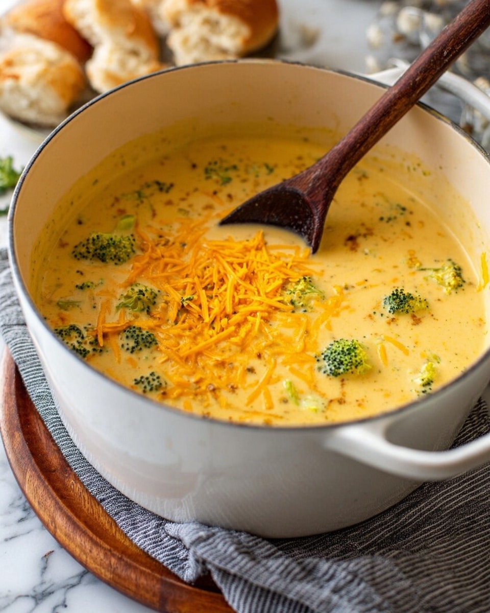 A white bowl filled with creamy broccoli cheese soup sits in the center, the soup having a thick, smooth, pale yellow base mixed with small, bright green broccoli florets spread evenly throughout. On top, there is a mound of finely shredded, vivid orange cheddar cheese, adding a layered texture and color contrast. The bowl rests on a matching white plate, with a few hexagonal oyster crackers placed around its base for decoration. A silver spoon is placed beside the bowl on the plate, and in the background, there is a white marbled surface with hints of a broccoli crown and a piece of rustic bread partially visible. photo taken with an iphone --ar 4:5 --v 7