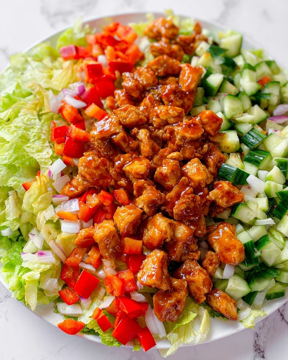 A white plate holds a fresh salad with four visible layers: the bottom layer is green lettuce leaves with a crisp texture, followed by a colorful mix of diced red bell peppers and white onion pieces, then chunks of diced green cucumber with a slightly shiny surface, and finally, the top layer features golden-brown, glazed chicken pieces coated in a rich sauce that adds a glossy finish. The salad layers are closely packed and evenly spread, creating a vibrant and appetizing look against a white marbled texture. photo taken with an iphone --ar 4:5 --v 7