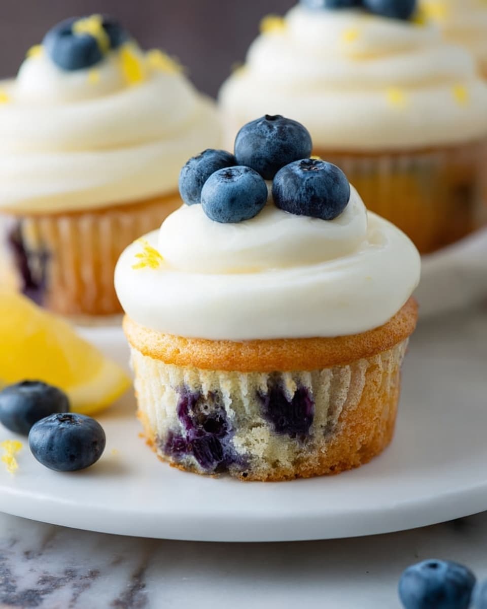 A close-up view of a cupcake on a white plate with a white marbled texture under it, showing a light golden-brown base speckled with dark purple blueberries inside. On top of the cupcake is a thick swirl of smooth, white frosting, finished with three fresh blueberries placed neatly at the center. There are small yellow zest bits sprinkled lightly over the frosting. Behind it, two more similar cupcakes with the same white frosting and blueberries are partially visible. Some fresh blueberries and a lemon wedge sit on the plate near the cupcakes. Photo taken with an iphone --ar 4:5 --v 7