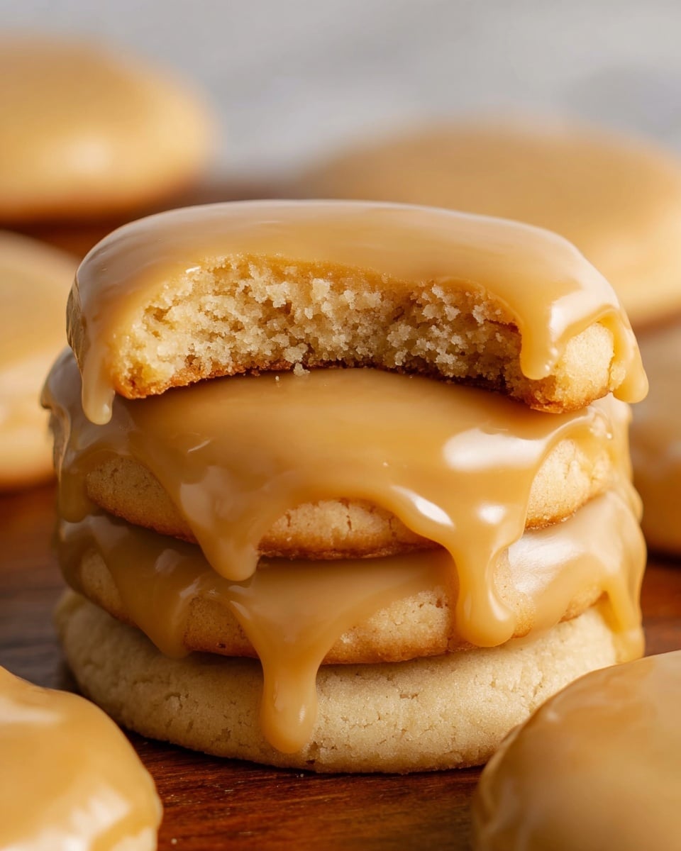 There are four round cookies arranged diagonally on brown parchment paper on a wooden surface. Each cookie has a smooth, light caramel-colored glaze on top with a slightly glossy texture and edges that dip a bit over the sides. To the left, there are three small white bowls: one with a mound of light brown powder, one with pecan halves, and one with a white powder resembling icing sugar. Behind these bowls, there is a white ceramic jug filled with cream or milk. All items are set against a white marbled texture background. photo taken with an iphone --ar 4:5 --v 7