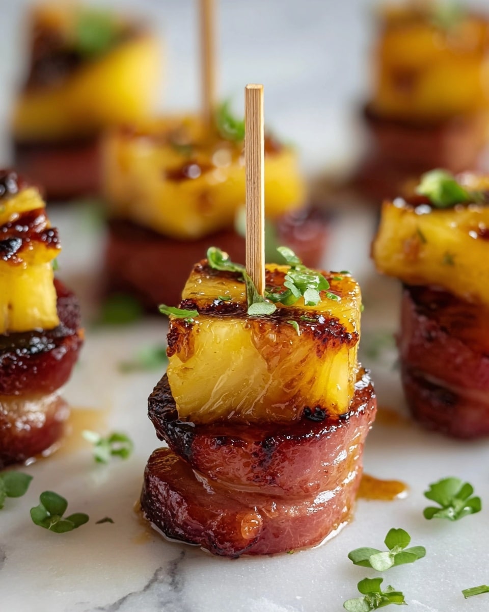 The image shows several small appetizers arranged on a white marbled surface. Each piece has two layers: the bottom layer is a round, grilled slice of meat with a shiny and slightly charred pinkish-brown texture, and the top layer is a golden-yellow grilled pineapple chunk with caramelized edges and a glossy finish. A wooden toothpick holds the two layers together, standing vertically in the center. Small green herb pieces are scattered around and on top of the appetizers, adding a touch of color and freshness. photo taken with an iphone --ar 4:5 --v 7