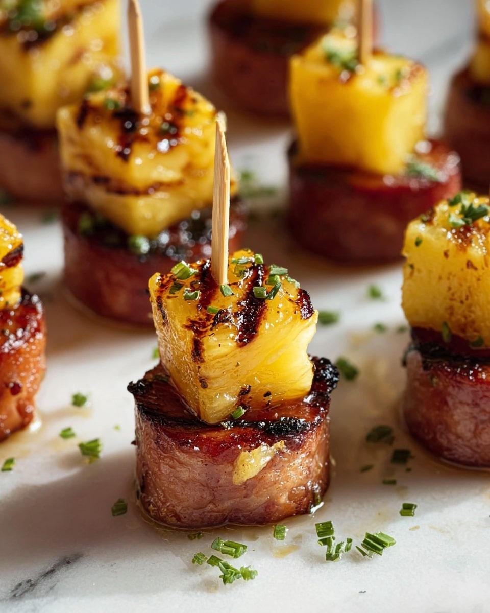 The image shows several small bite-sized appetizers arranged on a white marbled surface, each with two layers. The bottom layer is a round, thick slice of cooked sausage that is browned and slightly charred at the edges, giving it a crispy texture. The top layer is a cubed piece of grilled pineapple with a caramelized golden-yellow color and visible grill marks. Each appetizer is held together by a small toothpick piercing through both the pineapple and sausage. Small green herb pieces are sprinkled lightly over the appetizers and on the white marbled surface, adding a fresh contrast to the warm colors. The lighting gives the appetizers a glossy, slightly oily shine, highlighting their juicy texture. photo taken with an iphone --ar 4:5 --v 7